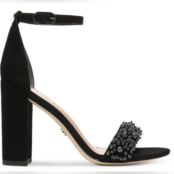 Sam Edelman Yaro Perla Black Suede Ankle Strap Slip On Heels Shoes NWB 9.5 - Picture 5 of 6